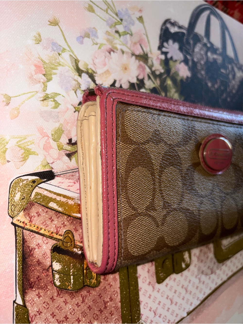 Coach Coated Canvas Tan Monogram Zip Closure Wallet with Pink Trim - Picture 4 of 12